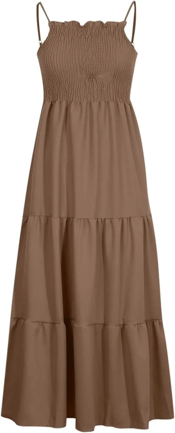 Women's Spaghetti Strap Tiered Dress A-Line Summer Sleeveless Ribbed Knit Sundresses Flowy Beach Vacation Midi Dresses