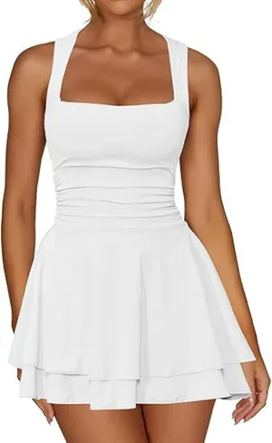 Women's Square Neck Ruffle Hem Mini Dress Ruched Waist Short Party Dresses