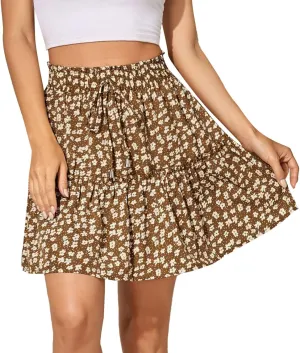 Women's Summer Cute High Waist Ruffle Skirt Print Swing Beach Mini Skirt Plus Size Denim Skirt