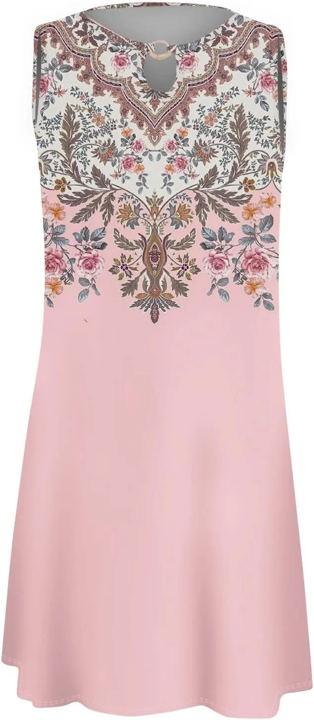 Womens Summer Dresses Boho Hawaiian Floral Crew Neck Sleeveless Casual Elegant Trendy Tank Dress