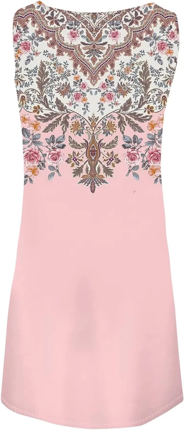 Womens Summer Dresses Boho Hawaiian Floral Crew Neck Sleeveless Casual Elegant Trendy Tank Dress