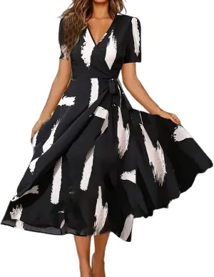 Women's Summer Wrap Maxi Dress Casual Boho Floral V Neck Short Sleeve Dress Flowy Beach Long Dresses Beach Sundress