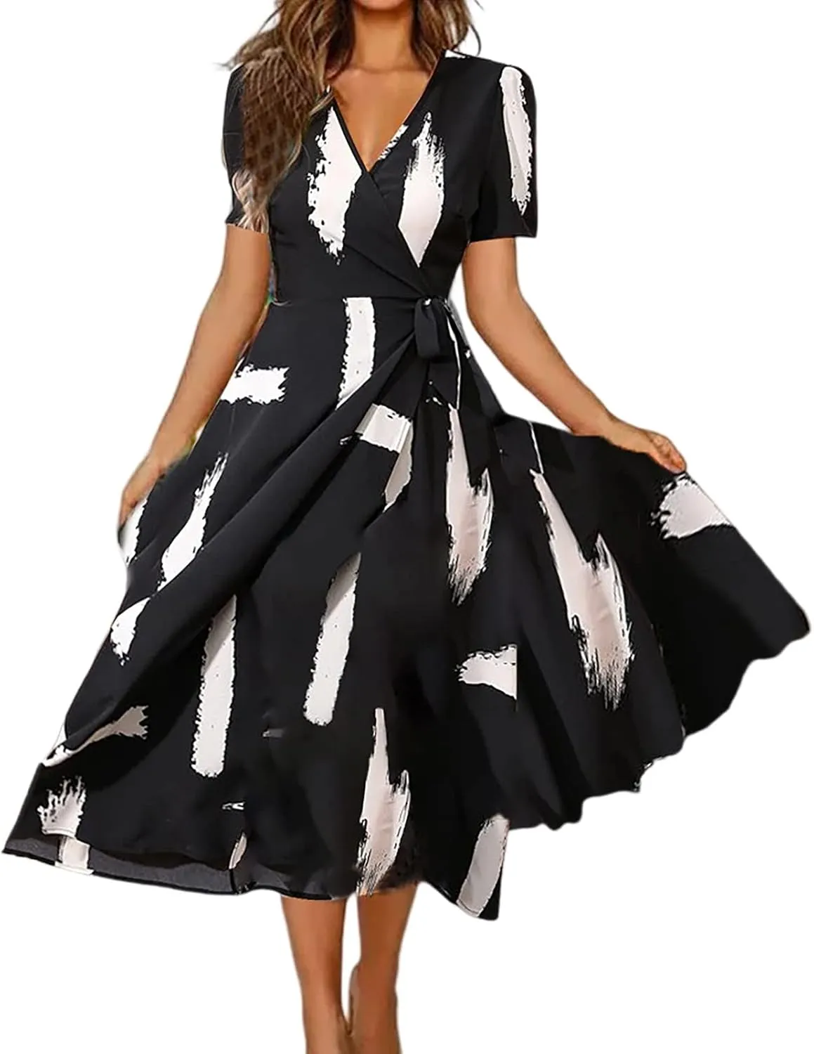 Women's Summer Wrap Maxi Dress Casual Boho Floral V Neck Short Sleeve Dress Flowy Beach Long Dresses Beach Sundress