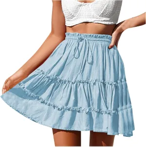 Women's Tiered Mini Skirt Solid Color Drawstring Elastic Waist Pleated Layer Ruffle Hem Flowy A Line Short Skirt