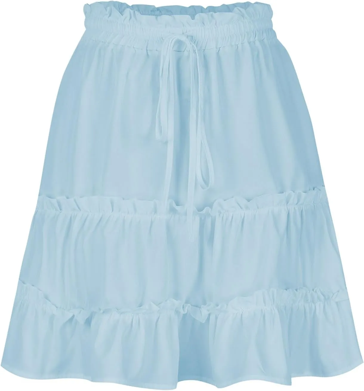 Women's Tiered Mini Skirt Solid Color Drawstring Elastic Waist Pleated Layer Ruffle Hem Flowy A Line Short Skirt