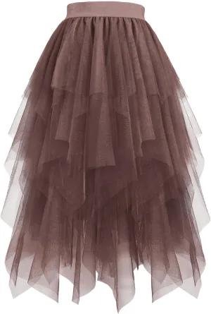 Women's Tulle Skirts High Waisted Puffy Layered Midi Tutu Skirt Ruffle Tiered Fashion Fairy Party Clothes