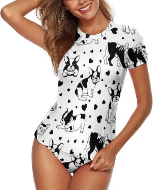 Women's Two Piece Rash Guard Short Sleeve Swim Shirt Built in Bra Bathing Suit with Bottoms