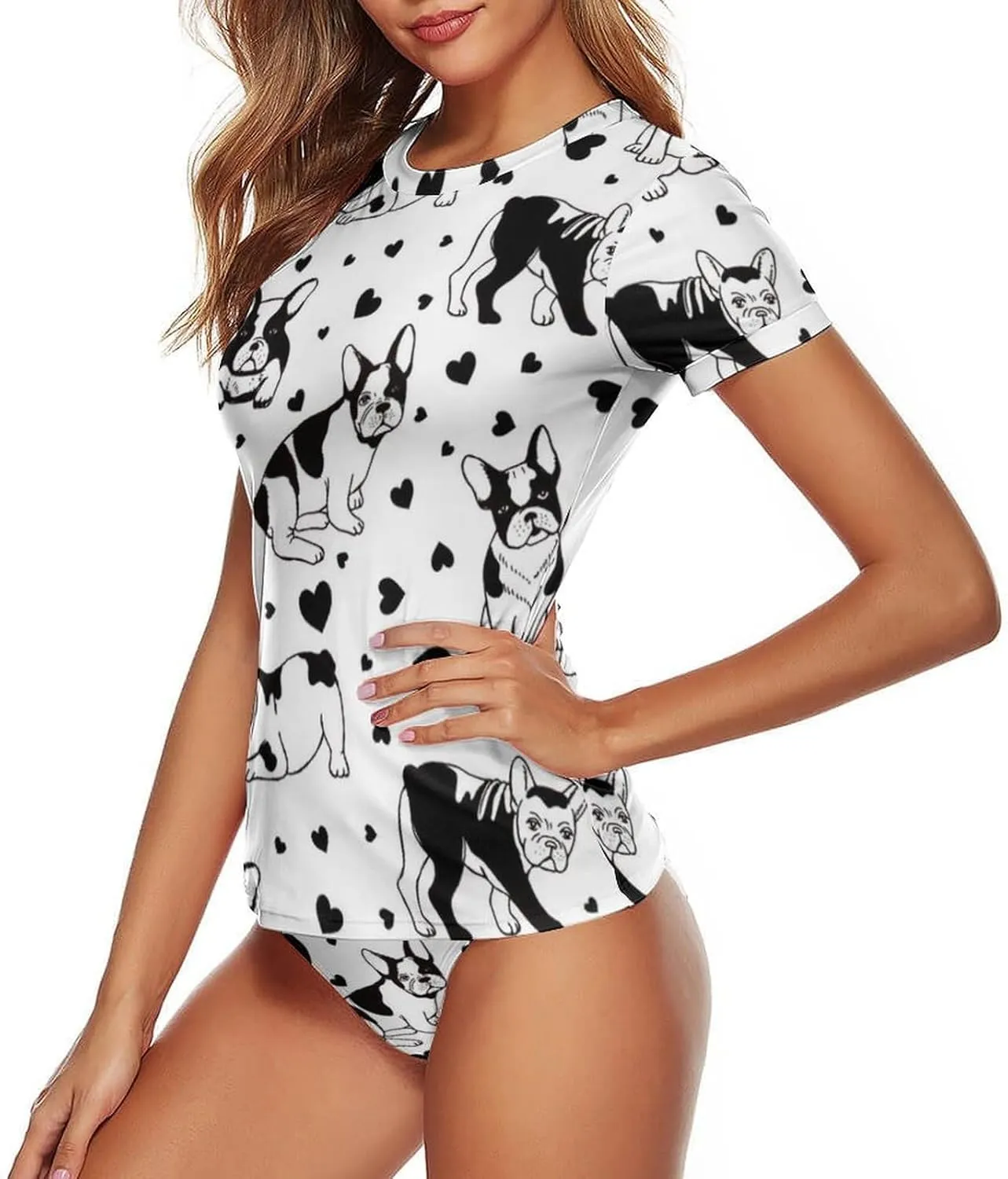 Women's Two Piece Rash Guard Short Sleeve Swim Shirt Built in Bra Bathing Suit with Bottoms