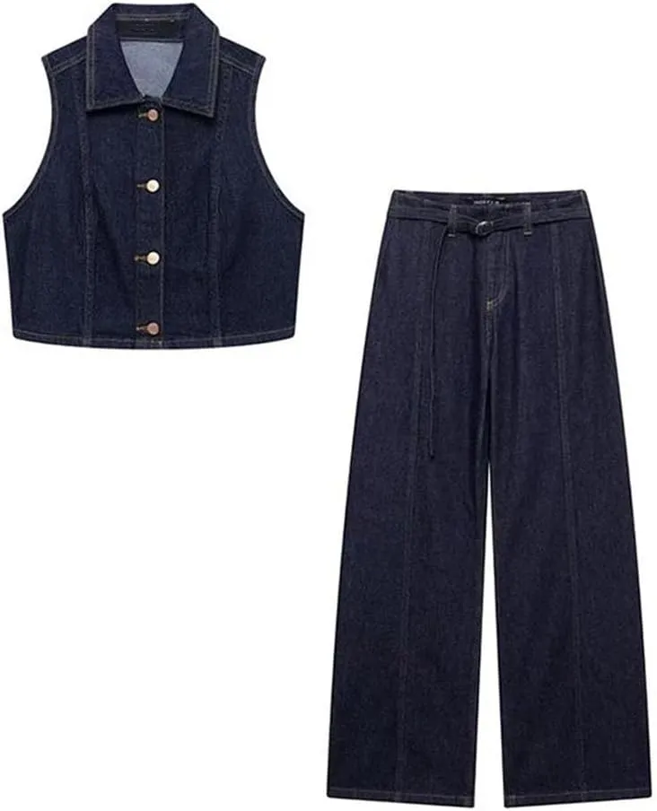 Women's Vintage Short Single-Breasted Denim Vest   Slim High-Waisted Denim Pant Set