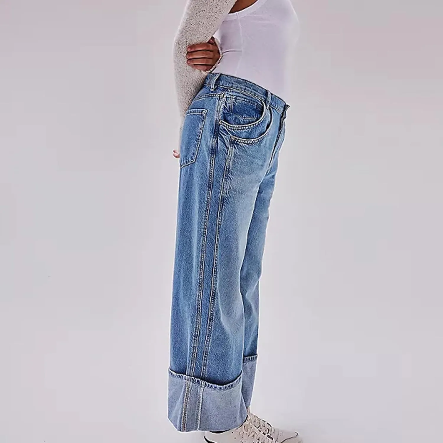 Women's Wide Leg Jeans, High Waisted Straight Leg Denim Pants Y2K Loose Trendy Boyfried Pants with Pockets