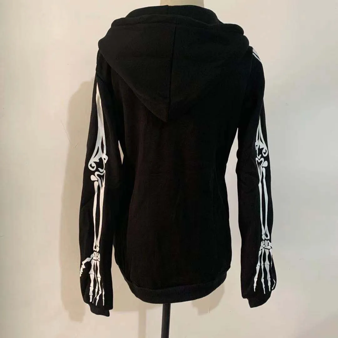 Women's Zipper Hooded Sweatshirt / Black Long Sleeve Fleece Hoodies / Loose Female Clothing