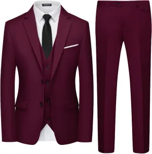 WULFUL Men's 3 Piece Slim Fit Suit Set Two Button Blazer Jacket Vest Pants Tuxedo Set for Party, Wedding and Business