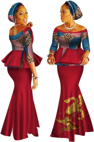 XIAOHUAGUA African Print Crop Tops Skirt Set Off Shoulder Half Sleeve African Women Clothing Long Skirt Set