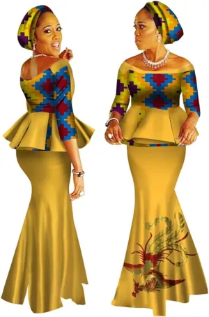 XIAOHUAGUA African Print Crop Tops Skirt Set Off Shoulder Half Sleeve African Women Clothing Long Skirt Set