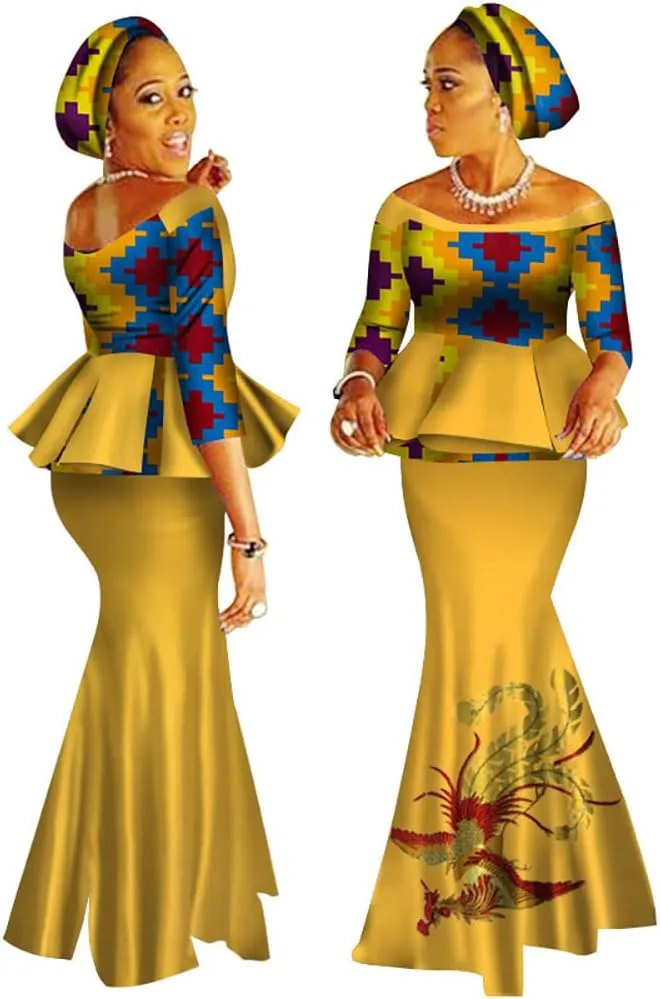 XIAOHUAGUA African Print Crop Tops Skirt Set Off Shoulder Half Sleeve African Women Clothing Long Skirt Set