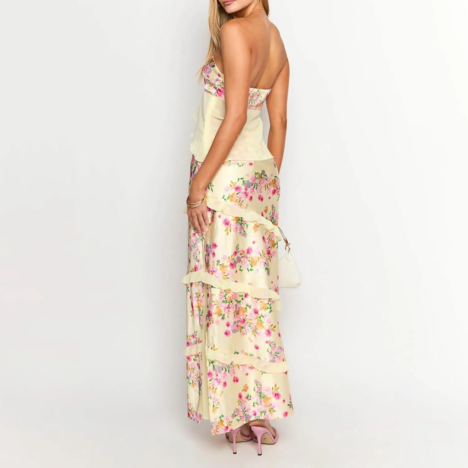Y2k Maxi Skirt Set for Women Strapless Mesh Tube Crop Top Bodycon Long Skirts Sets Beach Sheer Dress 2 Piece Outfit