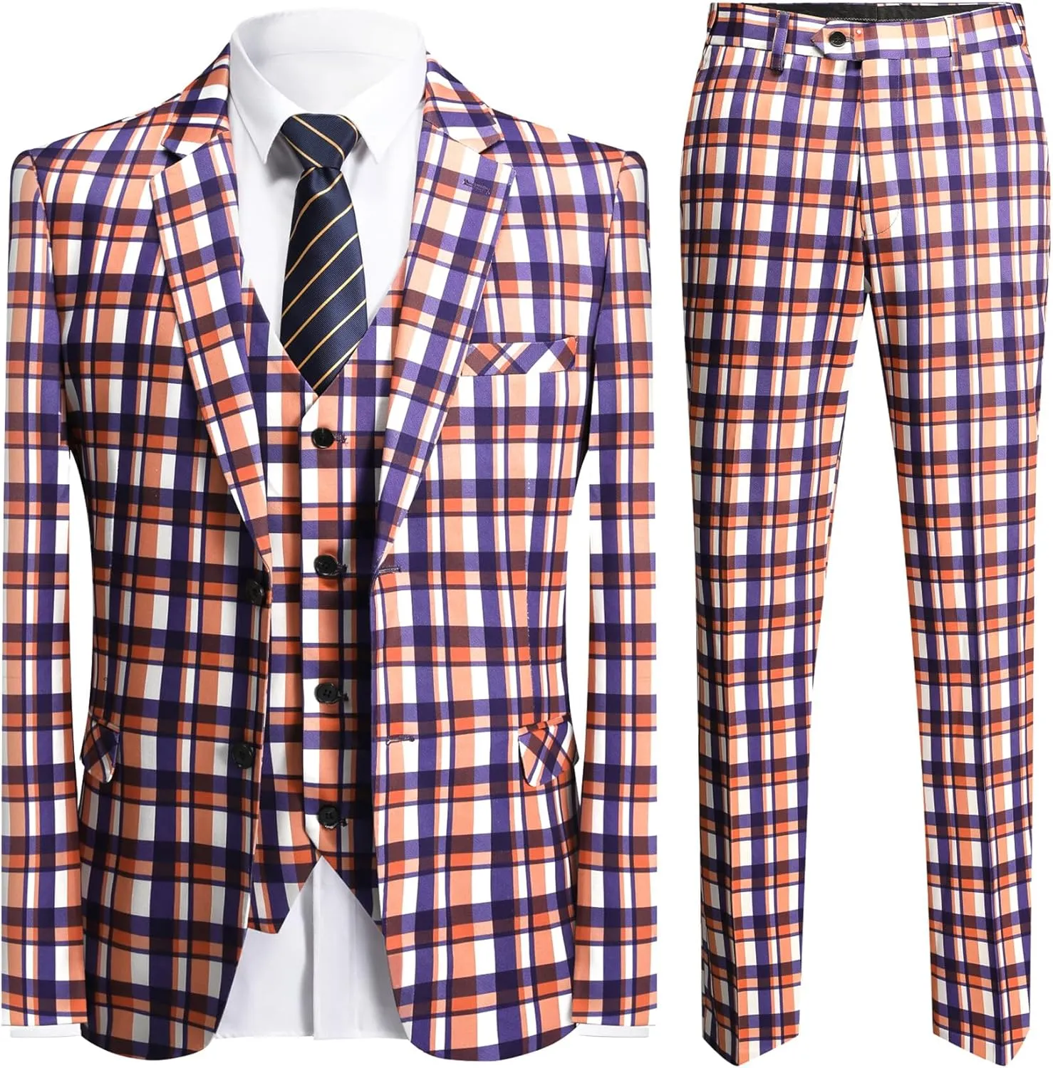 YFFUSHI Men's Plaid Tweed 3 Piece Suit Slim Fit Button Dinner Suit Tuxedo