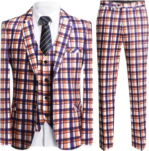 YFFUSHI Men's Plaid Tweed 3 Piece Suit Slim Fit Button Dinner Suit Tuxedo