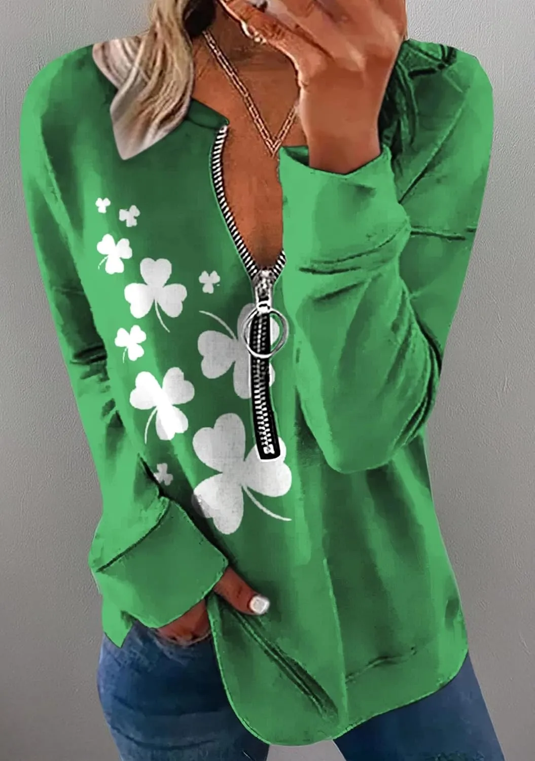 YMING Ladies St. Patricks Day Clover Shirt Long Sleeve Half Zip Sweatshirt Irish Shamrock Print Pullover Tops