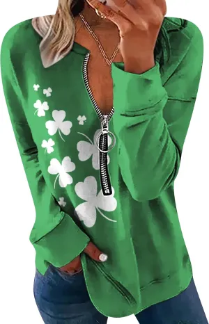 YMING Ladies St. Patricks Day Clover Shirt Long Sleeve Half Zip Sweatshirt Irish Shamrock Print Pullover Tops