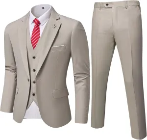 YND Men's Slim Fit 3 Pieces Suit, One Button Solid Jacket Pants Set with Tie for Wedding Party Business Prom