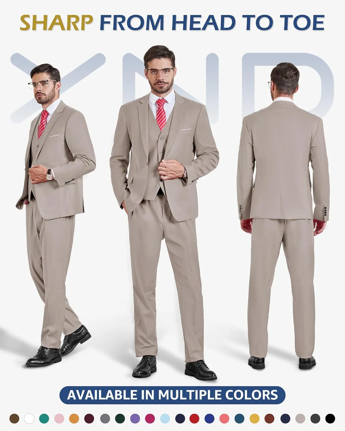 YND Men's Slim Fit 3 Pieces Suit, One Button Solid Jacket Pants Set with Tie for Wedding Party Business Prom