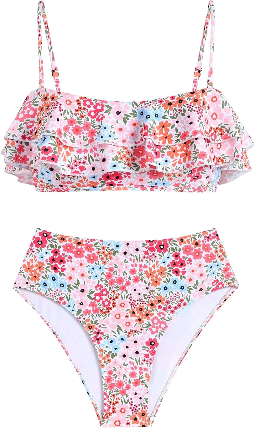 ZAFUL Layered Ruffle Bikini for Women High Waisted Bikini Sets Spaghetti Bandeau Swimsuits Padded Bathing Suit