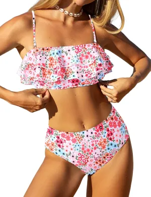 ZAFUL Layered Ruffle Bikini for Women High Waisted Bikini Sets Spaghetti Bandeau Swimsuits Padded Bathing Suit