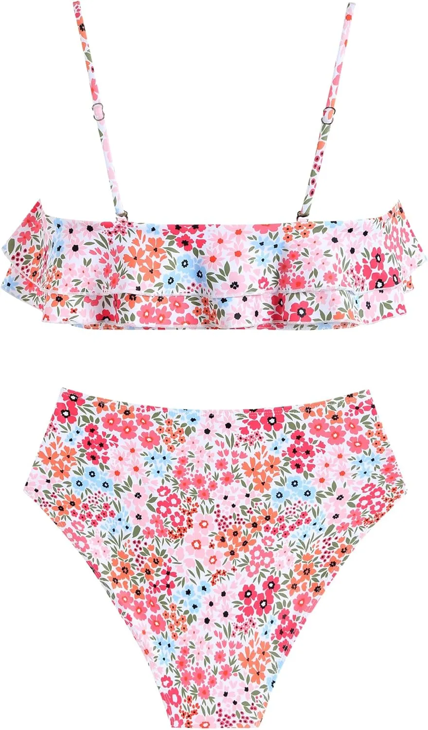 ZAFUL Layered Ruffle Bikini for Women High Waisted Bikini Sets Spaghetti Bandeau Swimsuits Padded Bathing Suit