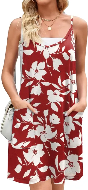 Zeagoo Women Summer Dresses Casual Beach Vacation Dress Spaghetti Strap Sundress Sleeveless Mini Short Dress with Pockets