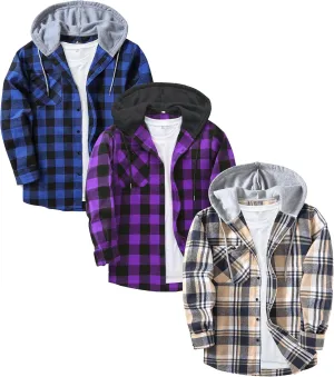 ZITY 3 Pack Men's Flannel Hoodie Shirts Long Sleeve Casual Vintage Button Down Plaid Shirt Jacket with Pocket