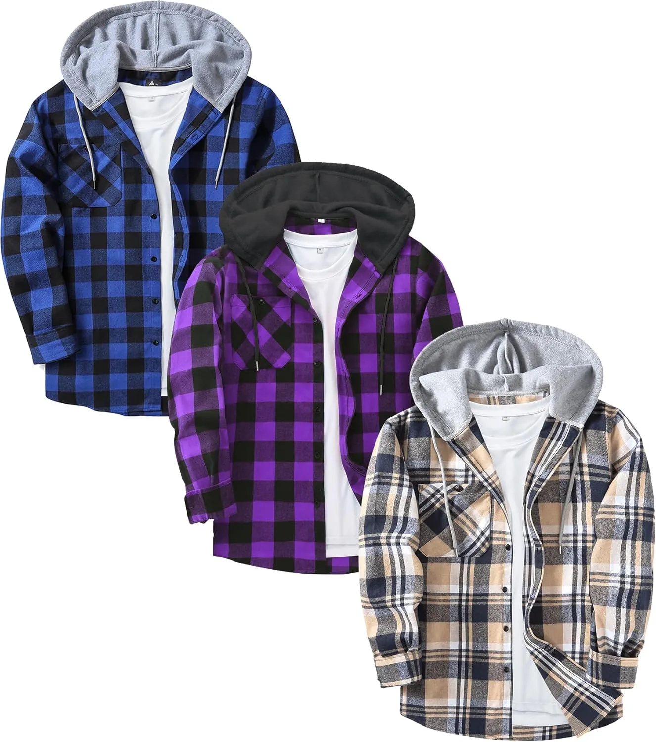 ZITY 3 Pack Men's Flannel Hoodie Shirts Long Sleeve Casual Vintage Button Down Plaid Shirt Jacket with Pocket