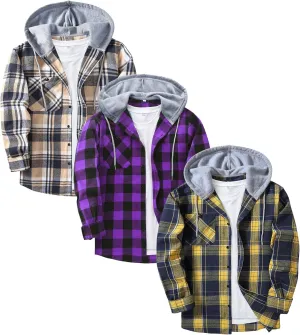 ZITY 3 Pack Men's Flannel Hoodie Shirts Long Sleeve Casual Vintage Button Down Plaid Shirt Jacket with Pocket