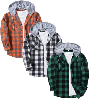ZITY 3 Pack Men's Flannel Hoodie Shirts Long Sleeve Casual Vintage Button Down Plaid Shirt Jacket with Pocket